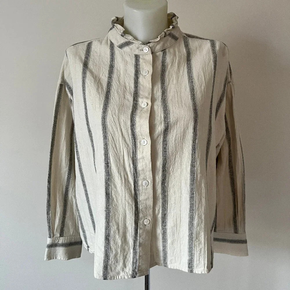 Mod Ref Striped Button Blouse Boxy  Relaxed Ruffle Collar Minimalist Cotton Sz M